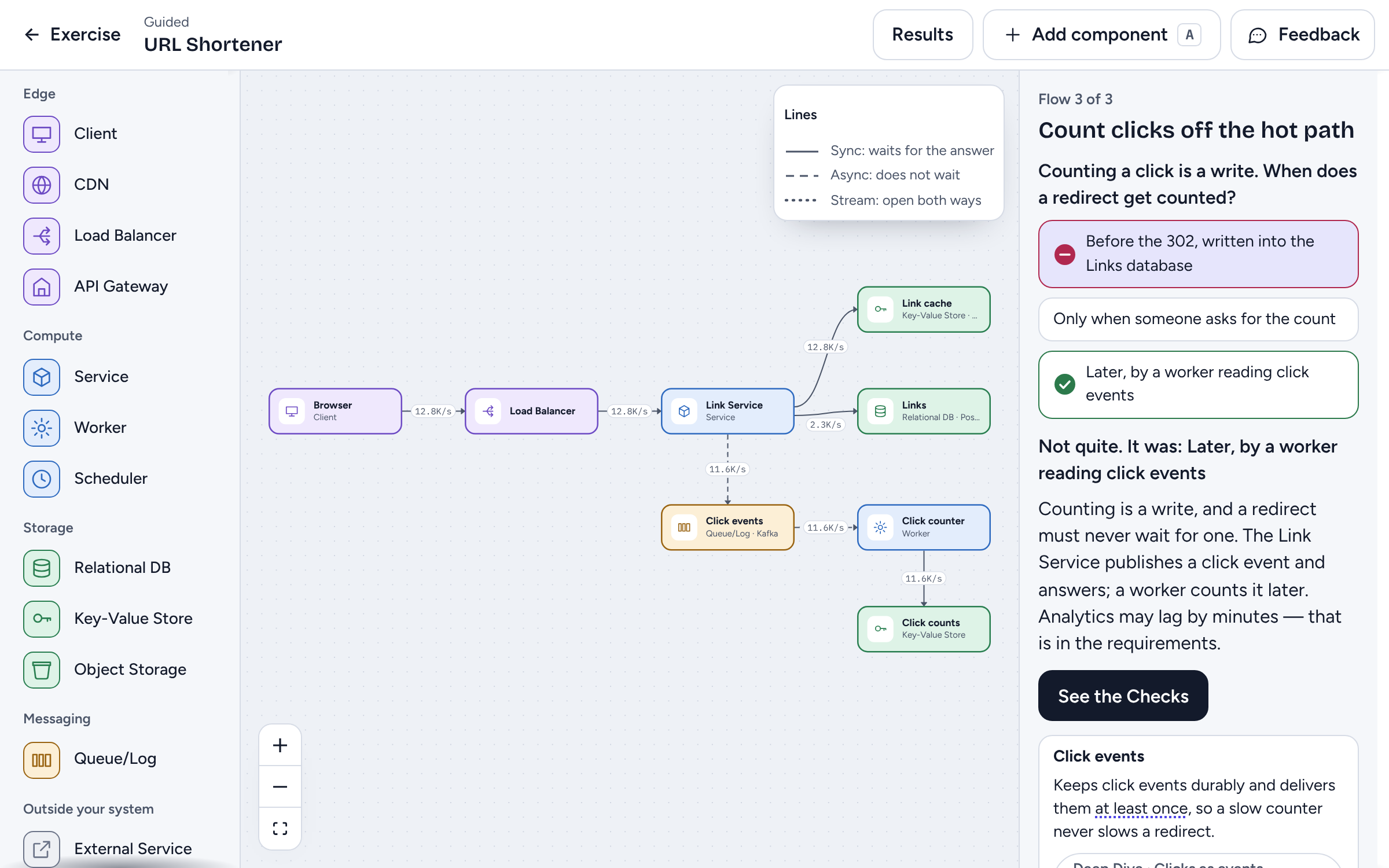 A Design on the canvas: a Client, a Load Balancer, a Service, a cache, a database and a queue, beside the Guided flow.