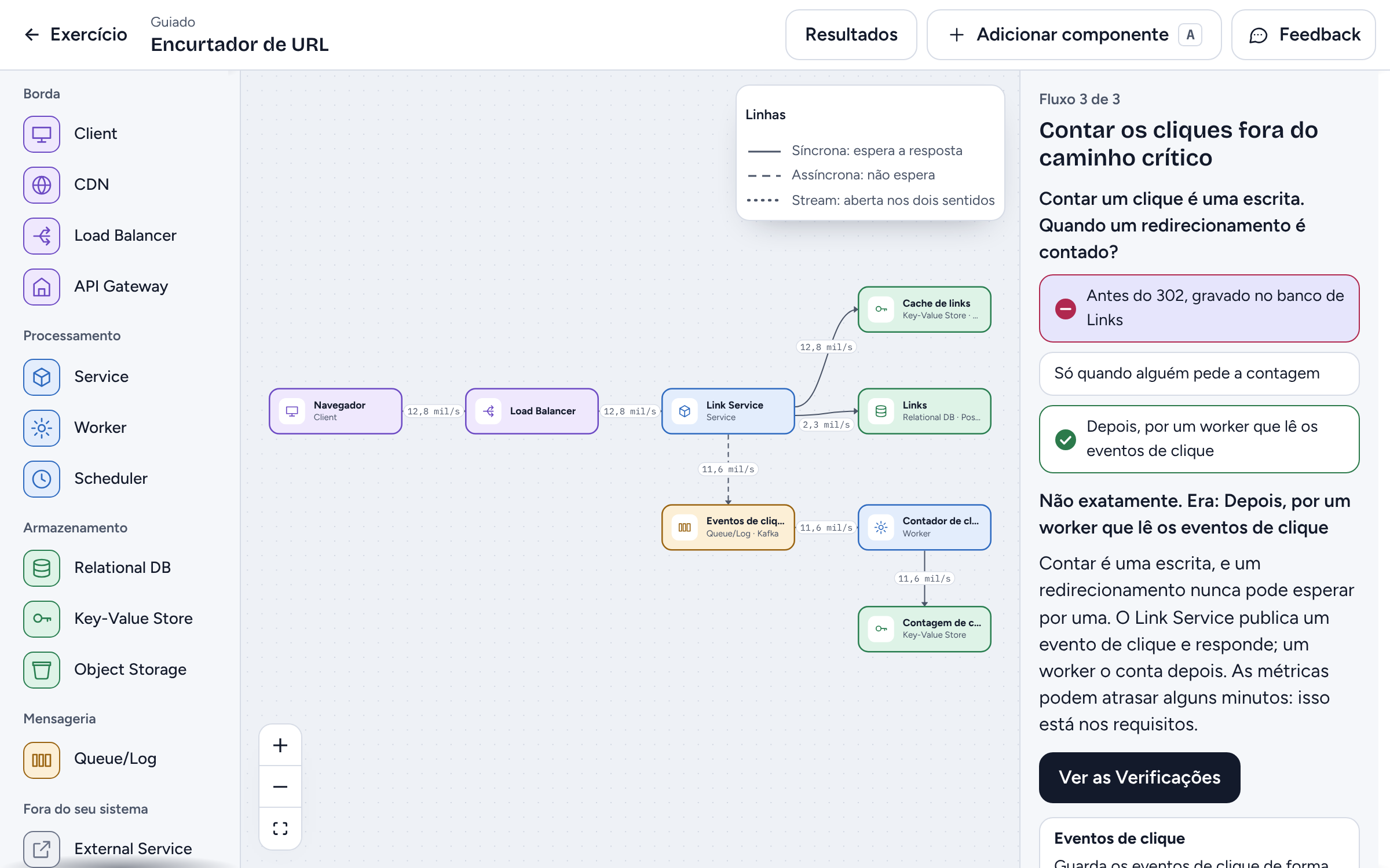 Um Design no canvas: um Client, um Load Balancer, um Service, um cache, um banco de dados e uma queue, ao lado do fluxo Guiado.